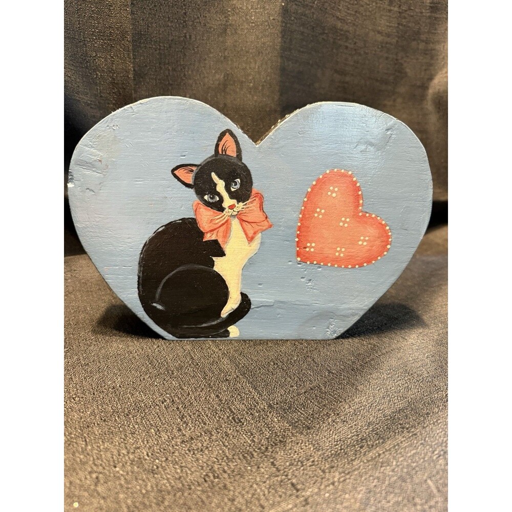 Vintage Cottage Core Folk Art Wooden Heart Cat Hearts Candle Faux Flower Holder